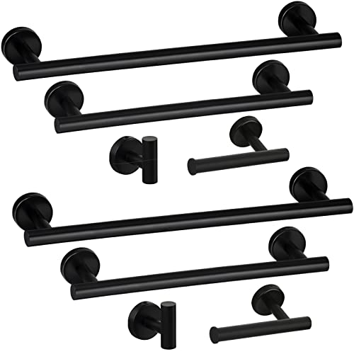 Bathroom Hardware Set, 8 Piece Matte Black Bathroom Towel Bar, Wall-Mount 23''&16" Towel Rack, Toilet Paper Holder And Towel Hooks For 2 Bathrooms Accessories Set #TOP9