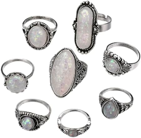 PINK TOWN Vintage Turquoise Ring Set for Women,Bohemian Colorful Joint Knuckle Ring Chunky Oval Gemstone Stackable Rings Crystal Midi Finger Rings Country Concert Outfits Accessorie image 3