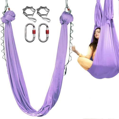 HPAMR Aerial Yoga Hammock 6M Aerial Pilates Yoga Swing Set, Aerial Silks Antigravity Swing Yoga Inversion Exercises, Strength training,starter hardware kit Includes Carabiner, Daisy Chain (Light Purple)
