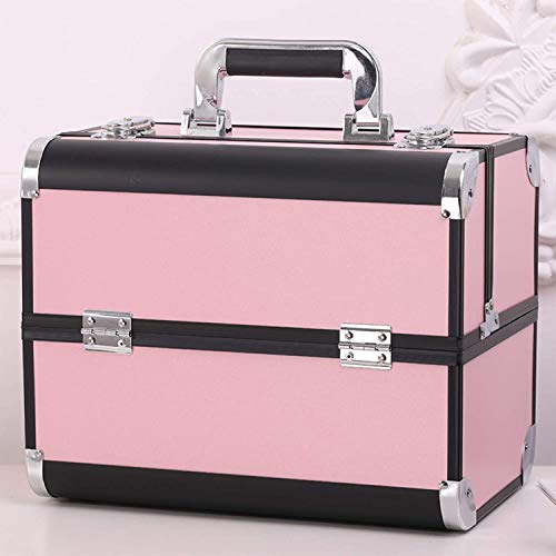 Image of Adson Professional Makeup Box Cosmetics Case Jewelry Organiser Vanity Make Up Storage Box Beauty Train Case Lockable with Keys (Light Pink with Black Corners)