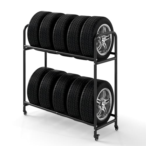 Image of Hershii Rolling Tire Storage Rack Adjustable - Black, Tire Storage Shelf for Garage 24.80-42.51'' x 15.35'' x 44.09''