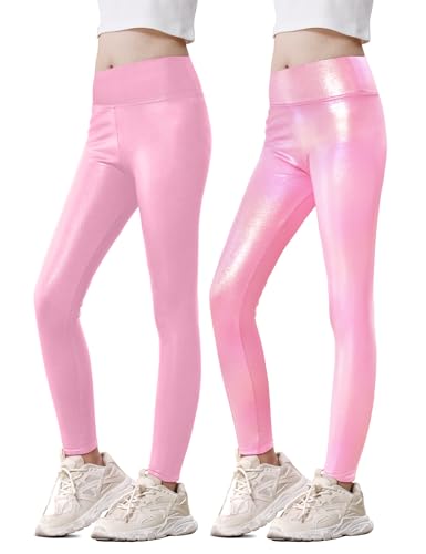 Girls Metallic Leggings High Waisted Sparkly Yoga Pants Shiny Running Dance Tights for Kids Youth Teen, 2 Pack
