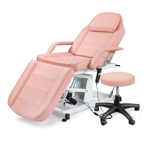 OmySalon Electric Height Adjustable Salon Tattoo Chair Esthetician Bed, Multi-Purpose Facial Bed Chair for Barber Spa Beauty Salon with Hydraulic Stool Equipment, Remote Control, Pink