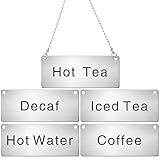 Hicarer 5 Pcs Stainless Steel Chain Signs 3-1/2 x 1-3/8 Beverage Table Display Hanging Chain Sign(Coffee, Decaf, Hot Water, Hot Tea, Iced Tea)