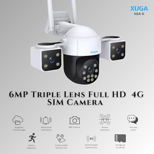 Image of XUGA - Cybernautt K6A 6MP 3 Lens PTZ 4G Sim Wireless Outdoor CCTV Camera with Three Side View | 360 | Night Vision | Motion Detection | Outdoor | Gym | Farm | Home | Use Air-tel 4G Sim