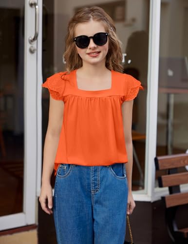 Image of Arshiner Girls Shirts Short Sleeve Square Neck Summer Lace Openwork Pleated Tops Blouse Tunic
