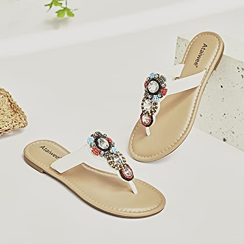 Ataiwee Women's Slide Sandals - Fashion Beaded Comfortable Bohemian Thong Summer Shoes.(2207011-1,Wt/Pu,9) #TOP3