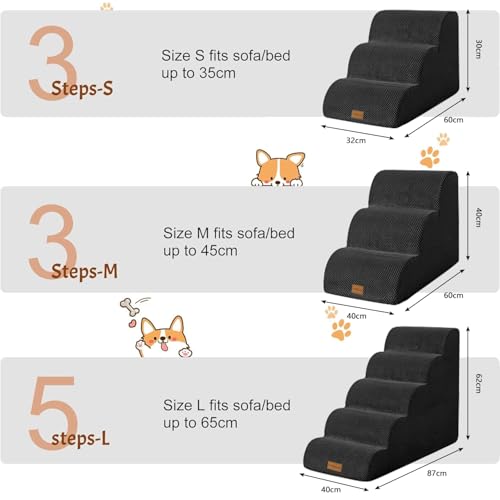 Breiter Hundetreppe Schwarz 5 Stufen 62cm hoch für Kleine Hunde, Hochdichtem Schaumstoff Haustiertreppe, Waschbarem Bezug und Rutschfestem Boden