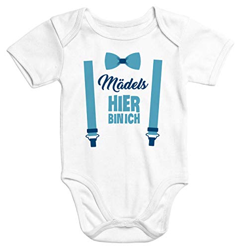MoonWorks® Body de manga corta para bebé con texto en alemán 'Mädels Hier Bin ich lustig Spruch Strampler Bio-Baumwolle Chicas aquí Bin Ich Weiß. 0-3 Meses
