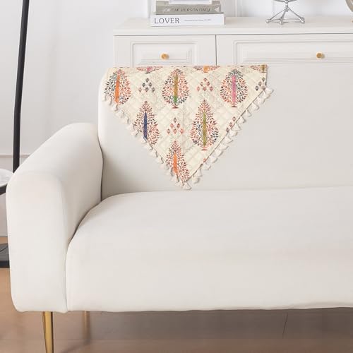Image of HOKIPO Royal Kalamkari Quilted Sofa Backrest Cover Mat| 'Tassel Twigs' Series (IN-988-T2)
