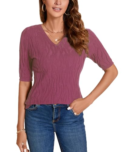 Image of MINTLIMIT Womens Short Sleeve Sweater Summer Pullover Shirt Tops Texture V Neck Casual Knit Tees Tops