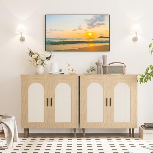 GarveeHome Sideboard Buffet Kitchen Storage Cabinet with Rattan, Solid Wood Feet for Living Room, Hallway, Entryway, Cabinet with Ample Storage Space (Natural, 2 pcs)