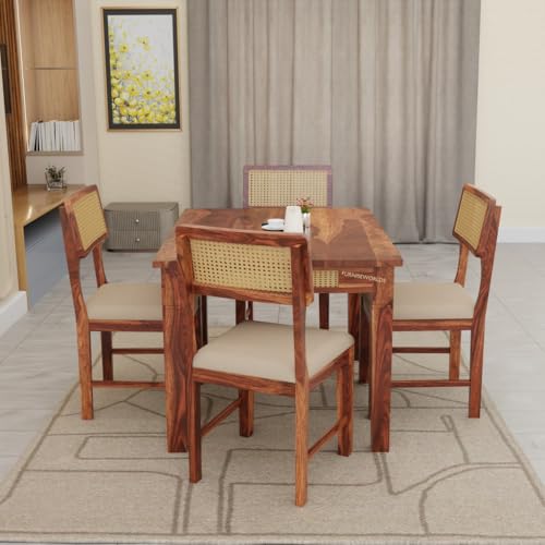 Image of Solid Sheesham Wood 4 Seater Dining Table Set for Home and Kitchen, Rattan Dining Table 4 Seater with Chairs Cane Furniture, Dining Set