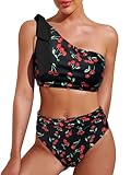 Swmmer Liket Women High Waisted Bikini One Shoulder Swimsuit Two Piece Black Bathing Suit Cutout Bow Tie Swimwear Cherry