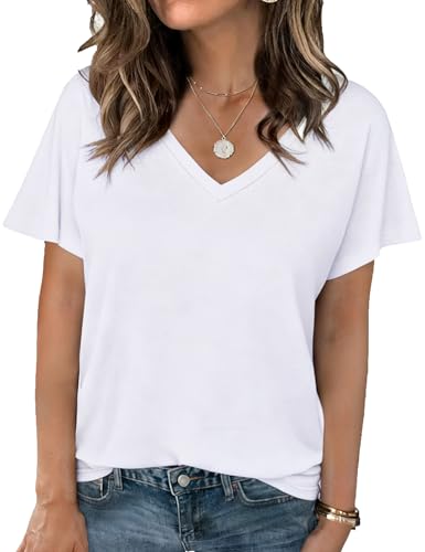 Crewhpo Camisetas de Verano para Mujer Cuello en V Manga Corta Basica Blusas Color Sólido Elegante Casual Túnica Top tee Shirts Talla Regular