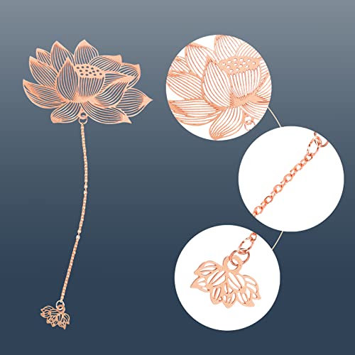 4 Pack Vintage Metal Bookmarks With Pendant, Gift Bookmark, Golden Hollow Bookmark, Metal Leaf Bookmark, Metal Openwork Bookmark, Four-Leaf Clover + Almond Leaf + Maple Leaf + Lotus Flower (Rose Gold) #TOP1