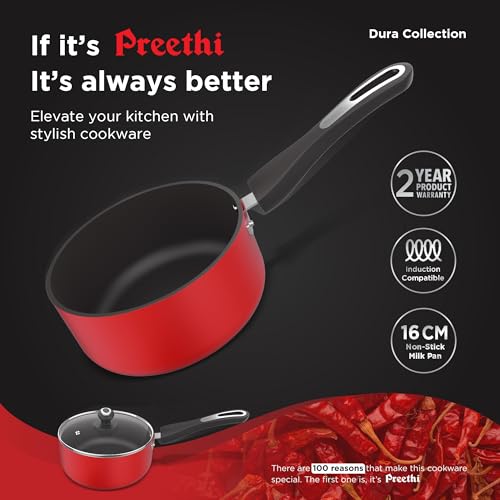 Image of Preethi Dura Collection Non Stick Milk Pan | 16 cm | 5 Star Non Stick | Gas & Induction Compatible | Chilly Red | 1L | 1 Piece | Aluminium