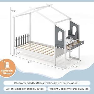 Komfott twin house bed with desk wood montessori bed frame with house roof canopy 2 drawers modern playhouse bed with fence for kids teens girls boys no box spring needed white gray  urban country home decor