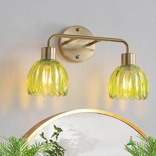 Image of 2-Light Gold Brass Bathroom Light Fixture,Wall Sconces,Brushed Gold Vanlity Light Over Mirror,Bathroom Vanity Light with Green Glass Flower Shade,E26 Socket(Bulbs Not Included)
