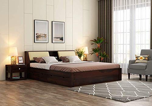 Image of Sheesham Solid Wood Walnut Finish Walken King Size Bed Open Dual Storage for Bedroom Room (King, Walnut)