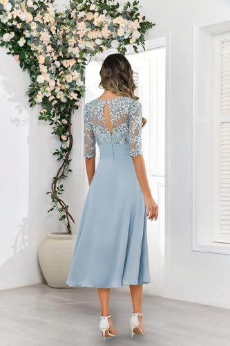 Mother of Bride Dresses for Women Tea Length Chiffon Lace Appliques A Line Formal Evening Gowns3