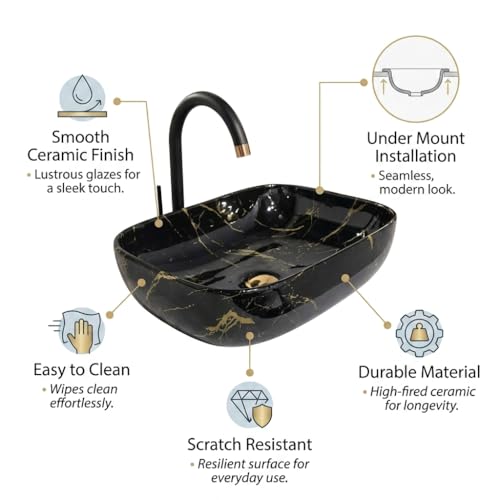 Image of Ceramic Tabletop Wash Basin - Glossy Rectangular Countertop Vessel Sink with Marble Finish for Bathroom & Vanity | Compact 18 x 13 x 5 Inch | Elegant Washbasin