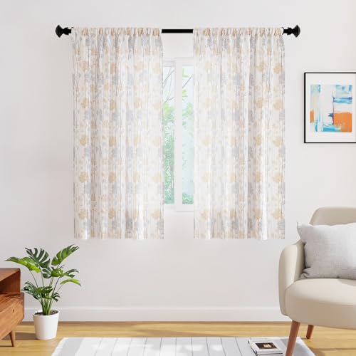 Image of Encasa XO Window Printed Sheer Curtains, Light Filtering Orange Branches