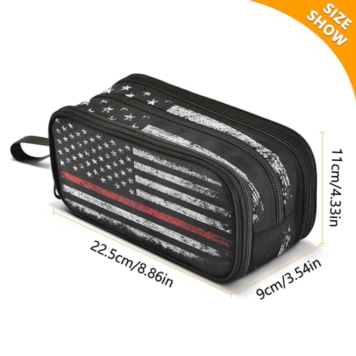 Image of Firefighter American Flag Pencil Case Big Capacity Handheld 3 Compartments Pencil Pouch Portable Large Storage Canvas Pencil Bag for Boys Girls Adults Students