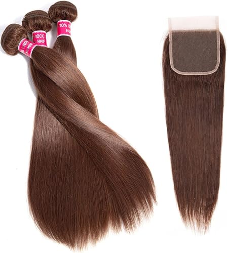 Extensions cheveux humains péruviens #4 châtain clair raides avec closure de 35 cm