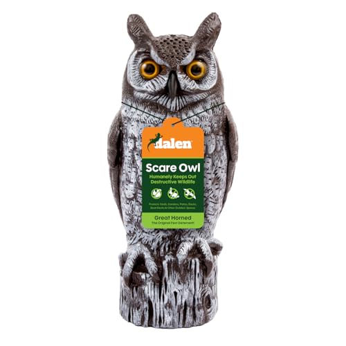Dalen Large Fake Owl Decoy to Scare Birds Away - 16 in Hand-Painted Great Horned Owl Garden Scarecrow for Natural Pest Control - Fixed Head Design - Secure Upright by Filling with Sand/Gravel Only