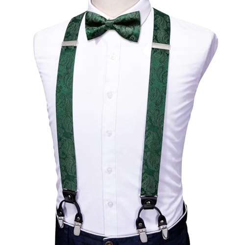 Image of YOHOWA Men Suspenders 6 Clips Strength Adjustable Y Braces Pre-Tied Bow Tie Set Formal Wedding Party