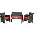 FDW Outdoor Furniture 4 Pieces Patio Furniture Set Wicker Conversation Set Rattan Chair Patio Set for Poolside Lawn Porch Balcony Garden (Brown and Red)