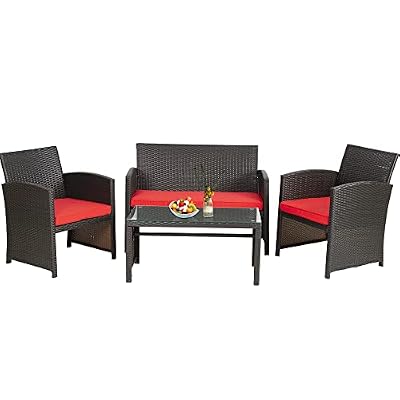 FDW Outdoor Furniture 4 Pieces Patio Furniture Set Wicker Conversation Set Rattan Chair Patio Set for Poolside Lawn Porch Balcony Garden (Brown and Red)