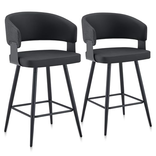 SEEDWAVE Juego de 2 taburetes de bar con respaldo curvado, diseño de olas y rocas, asiento de piel sintética, base de metal negro
