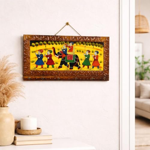 Image of CraftVatika Wooden Key Holder with 6 Hook, Handmade Rajasthani Art Work Wooden Key Holder Wall Mounted Hanging, Rajasthani Wooden Home Keychain Holder Stand for Wall, Home Decor Stylish