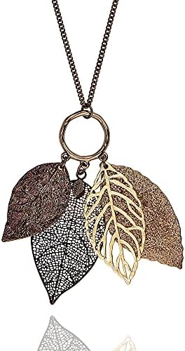 POMINA Gold Silver Two Tone Filigree Fall Leaf Pendant Long Necklace Chic Sweater Chain Statement Necklace for Women (Worn Choco Gold)