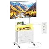 OYRREU TV-Ständer mit LED-Beleuchtung und Rollen, mit Halterung und integrierten Steckdosen, höhenverstellbar, 4 Schubladen, Weiß