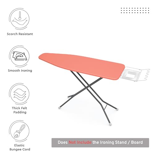 Image of Encasa XO Iron Board Covers with Pad 44 inchx13 inch - 4mm Felt Padded Medium Iron Table Cloth Cover - Heat Resistant, No Fade, Non Slip Elastic Bungee Cord Tightening Press Table Cover Coral