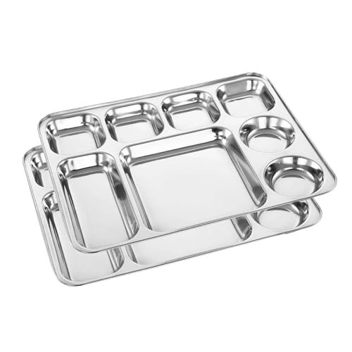 Image of Expresso Heavy Duty Stainless Steel Rectangle Dinner Plate w /8 Sections Divided Mess Trays for Kids Lunch, Camping, Events & Every Day Use Kitchenware - Set of 2 Pcs