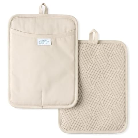 TOWN & COUNTRY BASICS Basketweave Soft Silicone Pot Holder 2-Pack Set, Heat Resistant up to 500F, Flexible Silicone, Non-Slip Grip, Beige, 7.5"x10" Cover