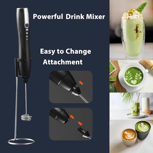 Image of Rechargeable Handheld Milk Frother Wand with Stand | 2 Whisk Heads, 3 Speeds Adjustable Coffee Drink Mixer with Stand for Lattes, Matcha, Hot Chocolate, Egg, Matcha, Black