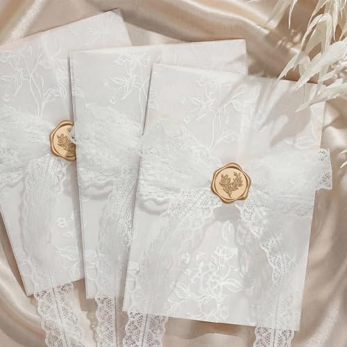 UNIQOOO 50 Sets Wedding Invitation Kit White Floral Vellum Jackets for 5x7 Invitations w/Lace Ribbon & Eucalyptus Wax Seal Stickers Wedding Invitation Accessories