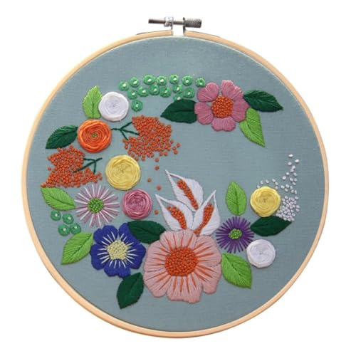 Lauboruan Stamped Embroidery Kits for Beginners with Flowers Pattern, Easy DIY Craft Punch Needle Starter Cross Stitch Kit DIY Needlepoint Kits(No Hoop)