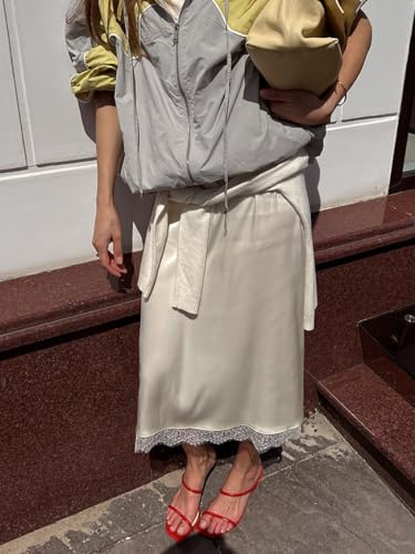 Womens Elegant Satin Silk Midi Skirts Lace Hem Drawstring High Elastic Waist Going Out Casual Midi Skirts2