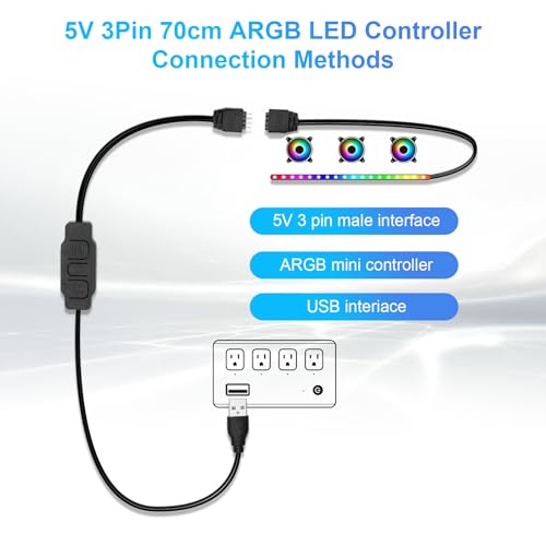 AYHWP Controlador LED ARGB de 5 V, 3 pines, 70 cm, con USB, con botones, controlador ARGB para fans de PC y tiras de luz - imagen 5