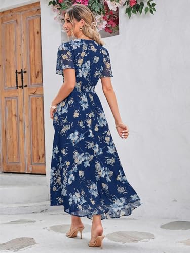 Image of Simplee Women's Boho Floral Maxi Dress Flowy Casual V Neck Short Sleeve Wedding Guest Holiday Beach Long Dress