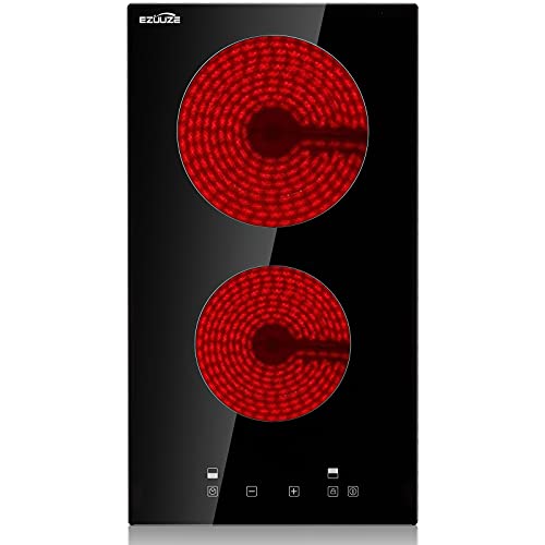 Electric Cooktop, EZUUZE 2 Burner Electric Cooktop,12 Inch Electric Stove Built in, Safety lock, 9 Heating Level, Residual Heat Warning, Sensor Touch Control, 240V Ceramic Cooktop