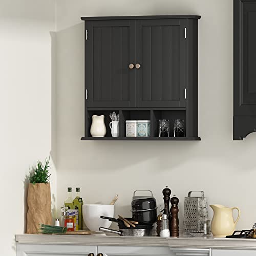Choochoo Bathroom Cabinet Wall Mounted 2-Door With 3 Open Shelves， Wooden Medicine Cabinets With Adjustable Shelf，Space Saver Storage Cabinets Over The Toilet For Bathroom&Living Room，Black #TOP5