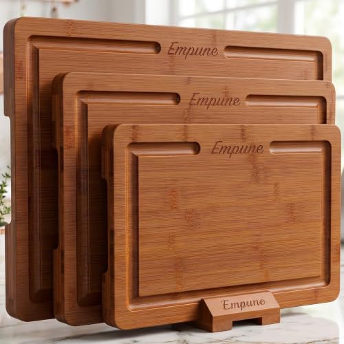 Empune Bamboo Cutting Boards for Kitchen, 3 Piece Extra Thick Cutting Board Set with Juice Groove...