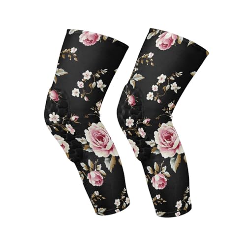JUNZAN Elegant Roses in Black Basketball Knee Pads for Youth Kids Wrestling Knee Pads with Sleeves Sport Kneepads for Volleyball Football